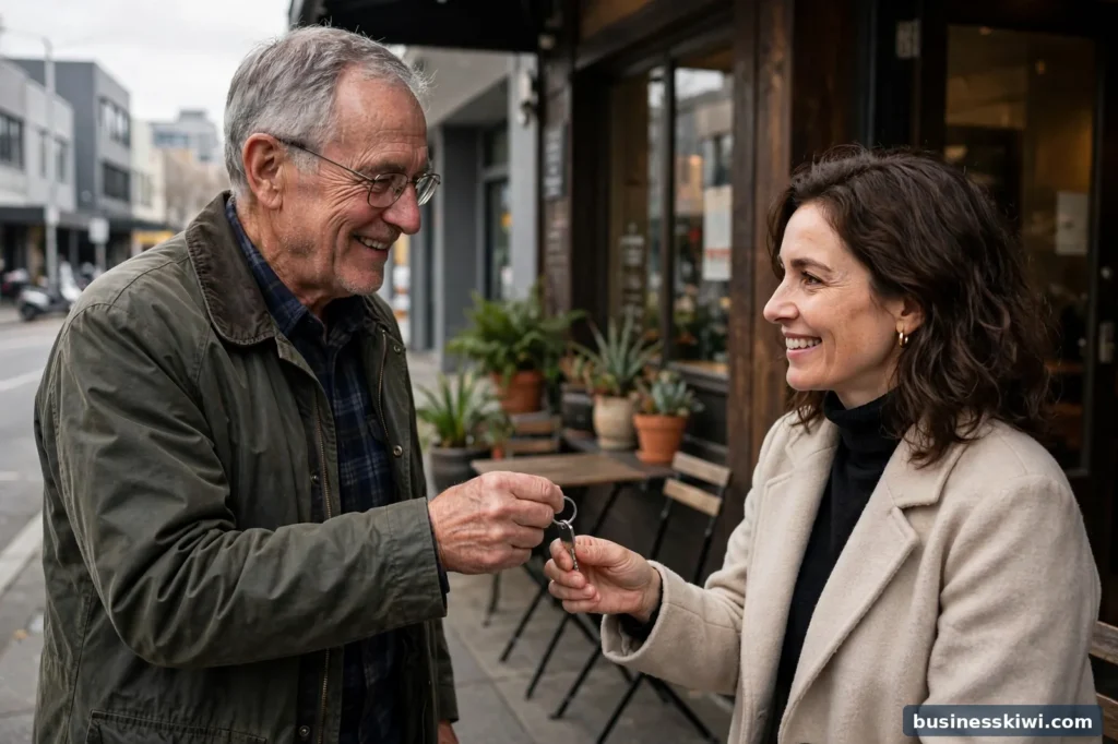 A new owner receiving the keys to a business