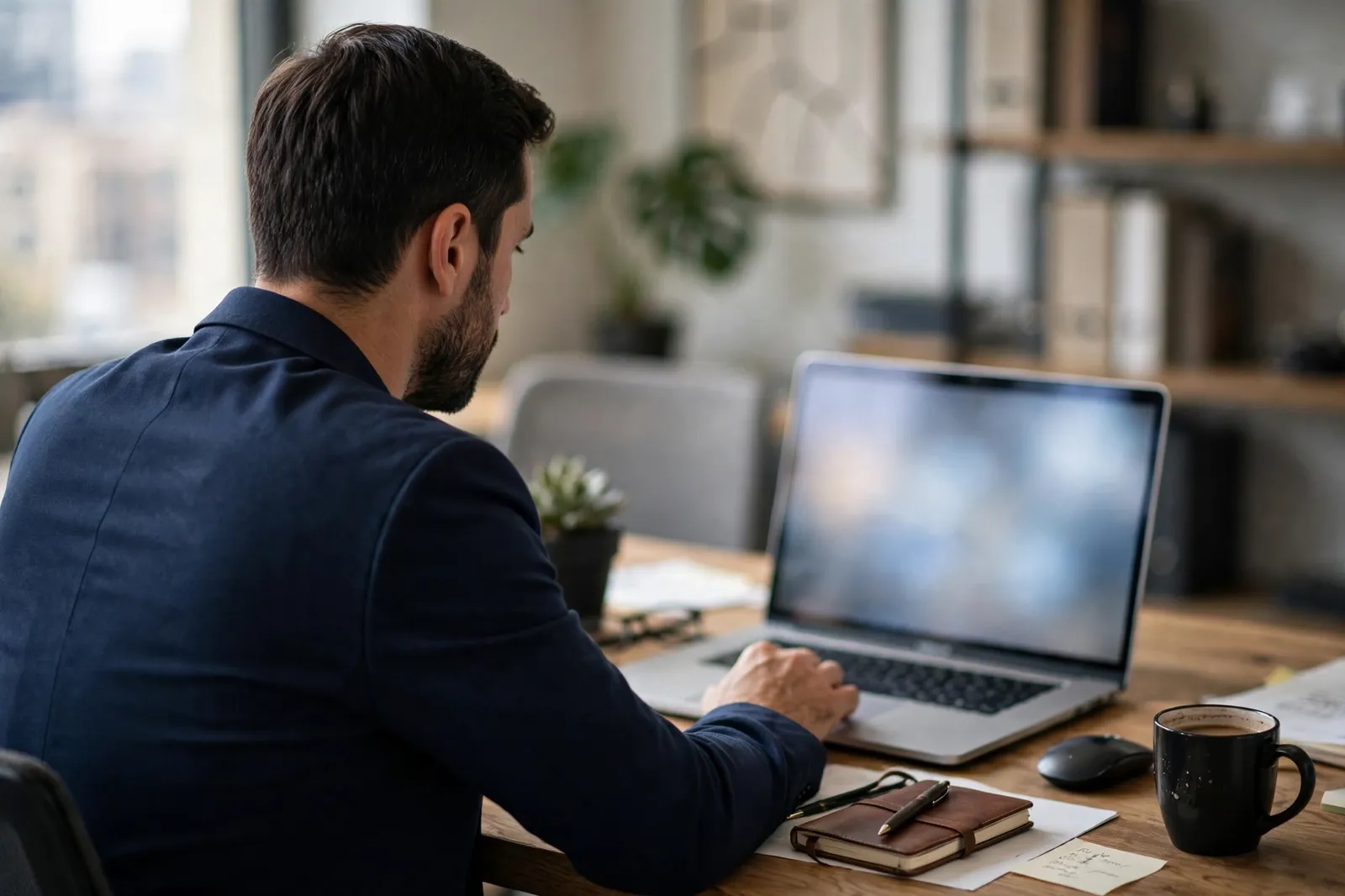 A business owner checking loan figures on a laptop