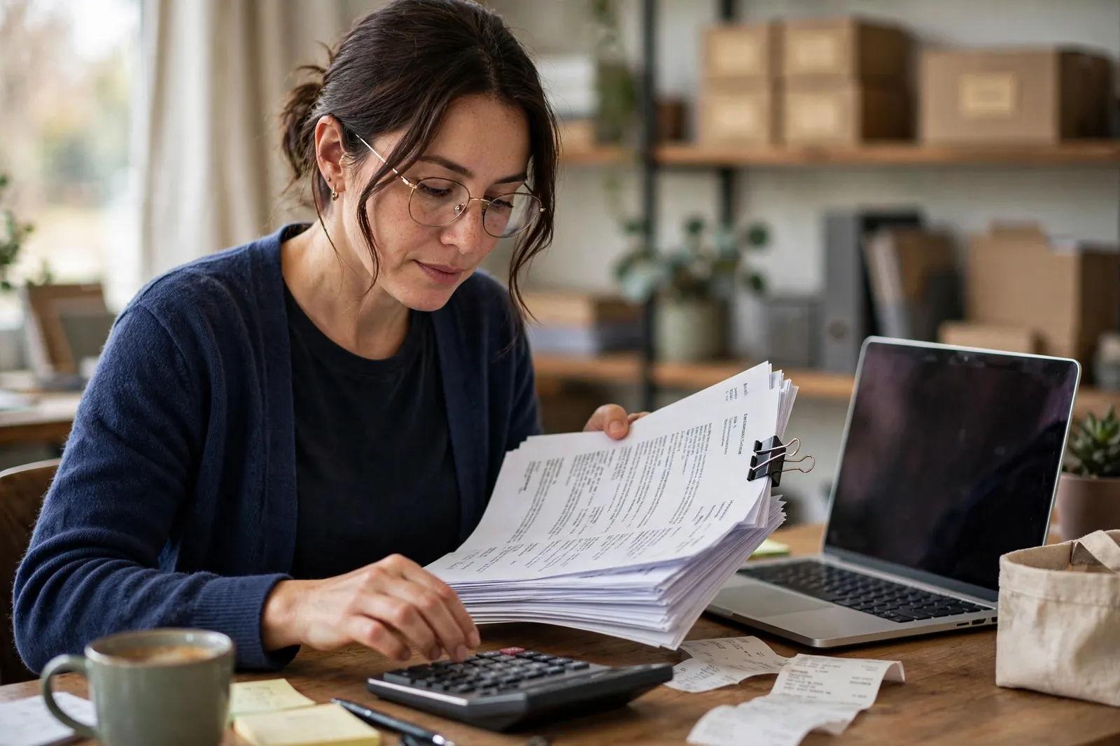 A business owner reviewing a stack of invoices at a desk