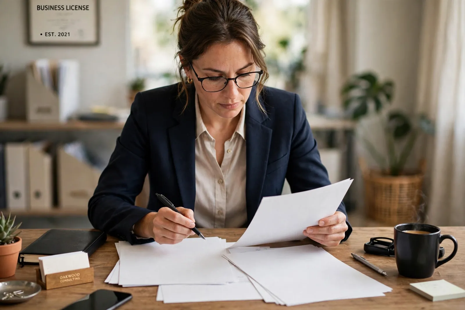A business owner reviewing liability insurance documents