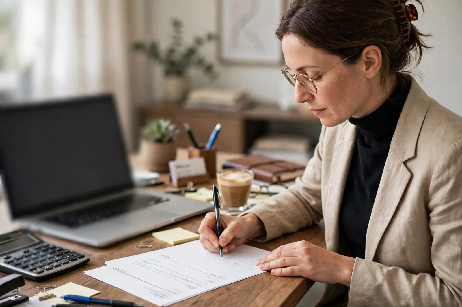 A business owner preparing an invoice at a desk