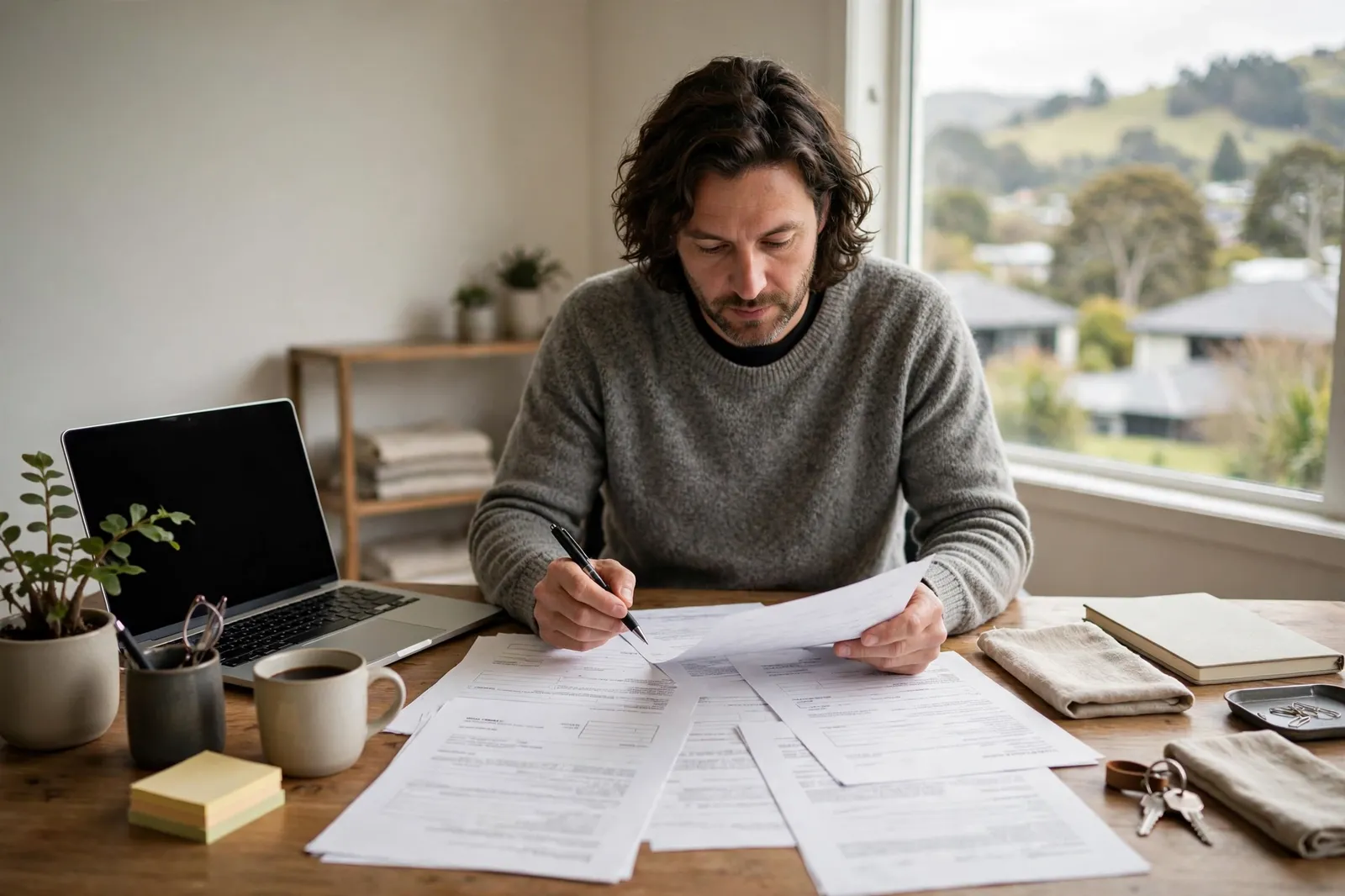 A business owner reviewing company documents at a desk with a laptop
