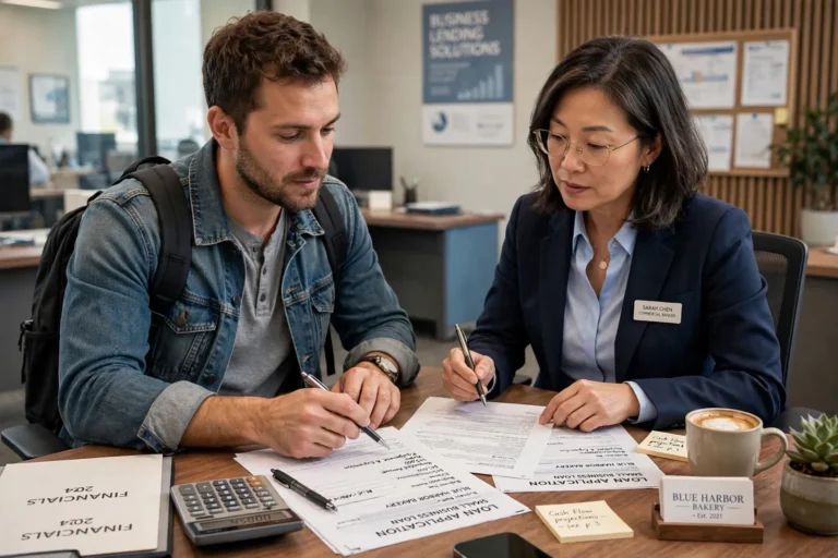 A business owner reviewing loan documents with a banker