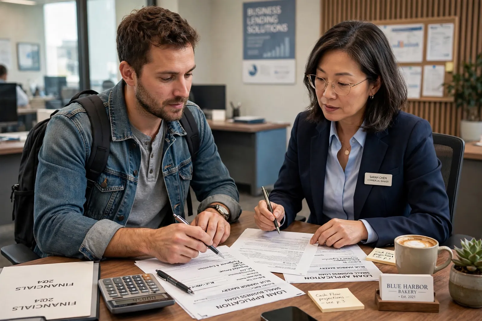 A business owner reviewing loan documents with a banker