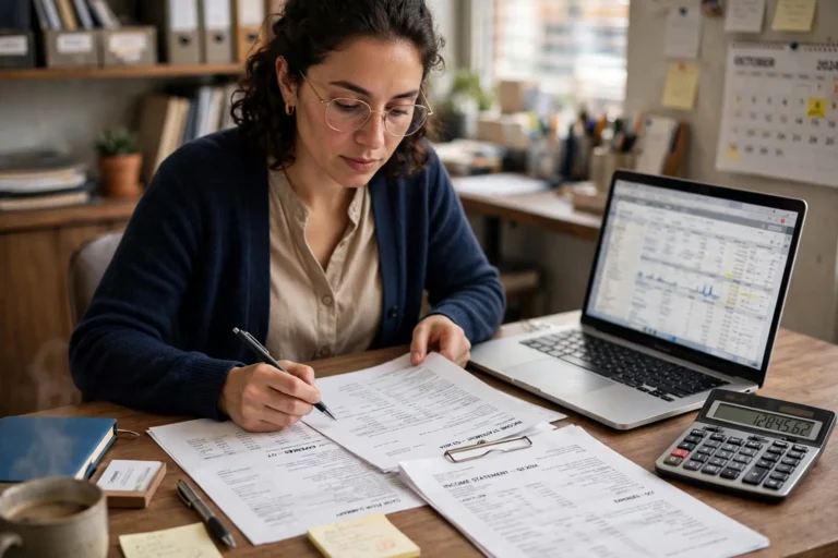 A business owner reviewing financial statements at her desk
