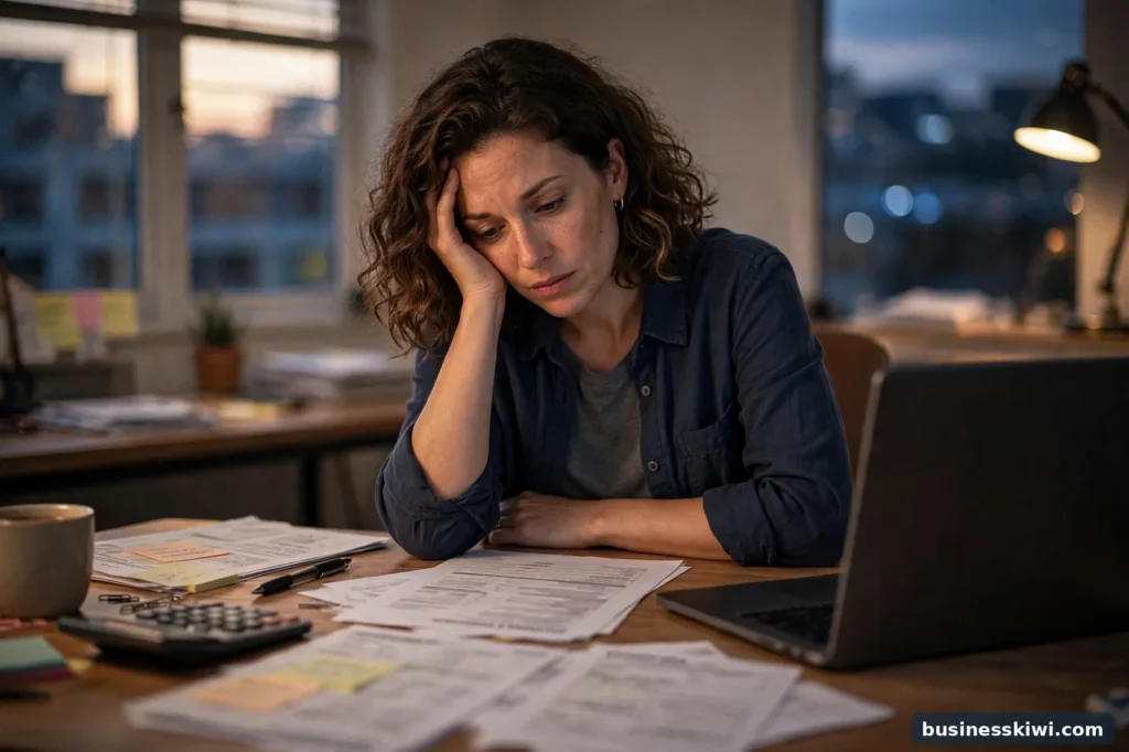 A business owner working through tax paperwork late in the evening