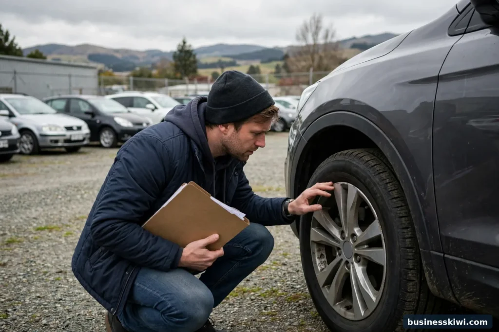 A buyer inspecting a used car before signing finance paperwork