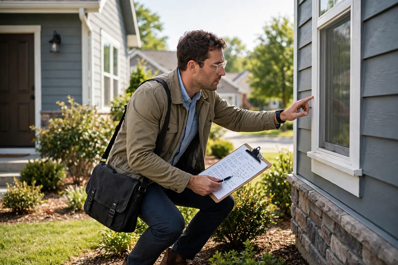 A buyer checking a house exterior during an inspection
