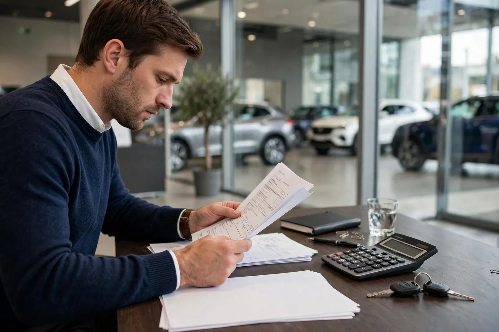 A buyer reading car finance paperwork at a dealership desk before signing