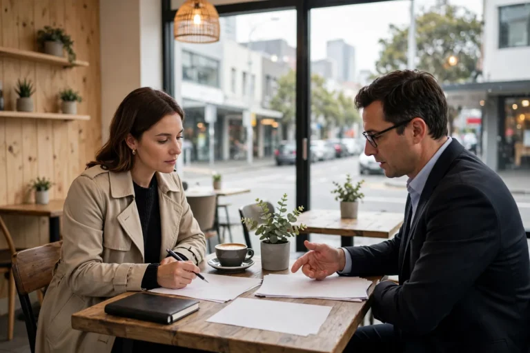 A buyer reviewing sale paperwork with an advisor inside an Auckland cafe