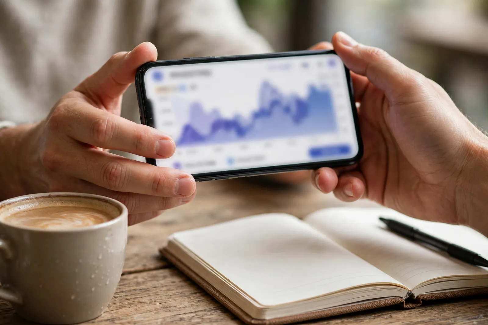 Hands holding a phone showing a share price chart