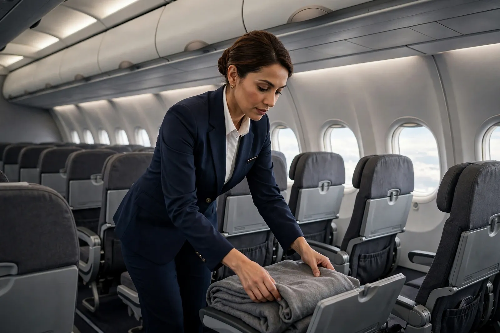 A flight attendant preparing the cabin before boarding