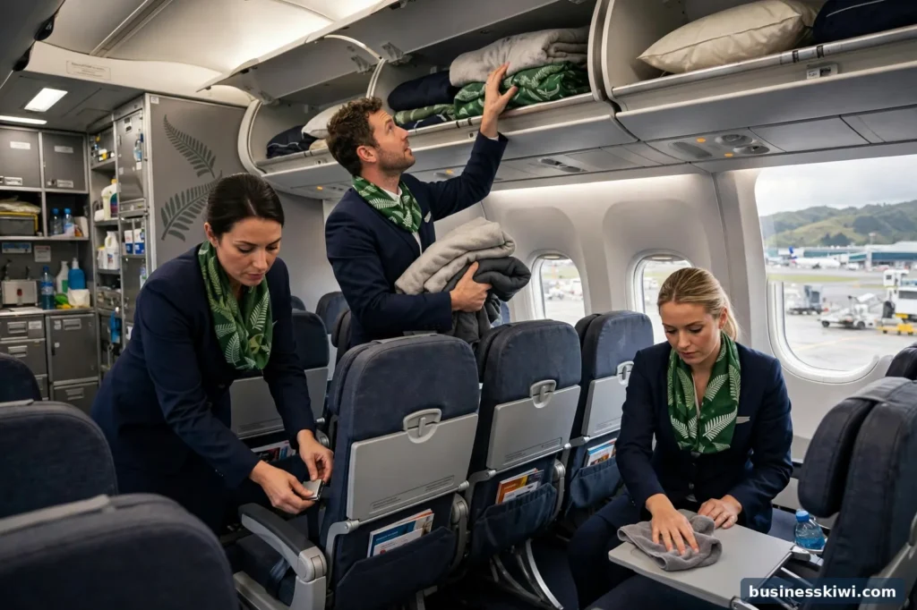 Cabin crew preparing an aircraft cabin before boarding