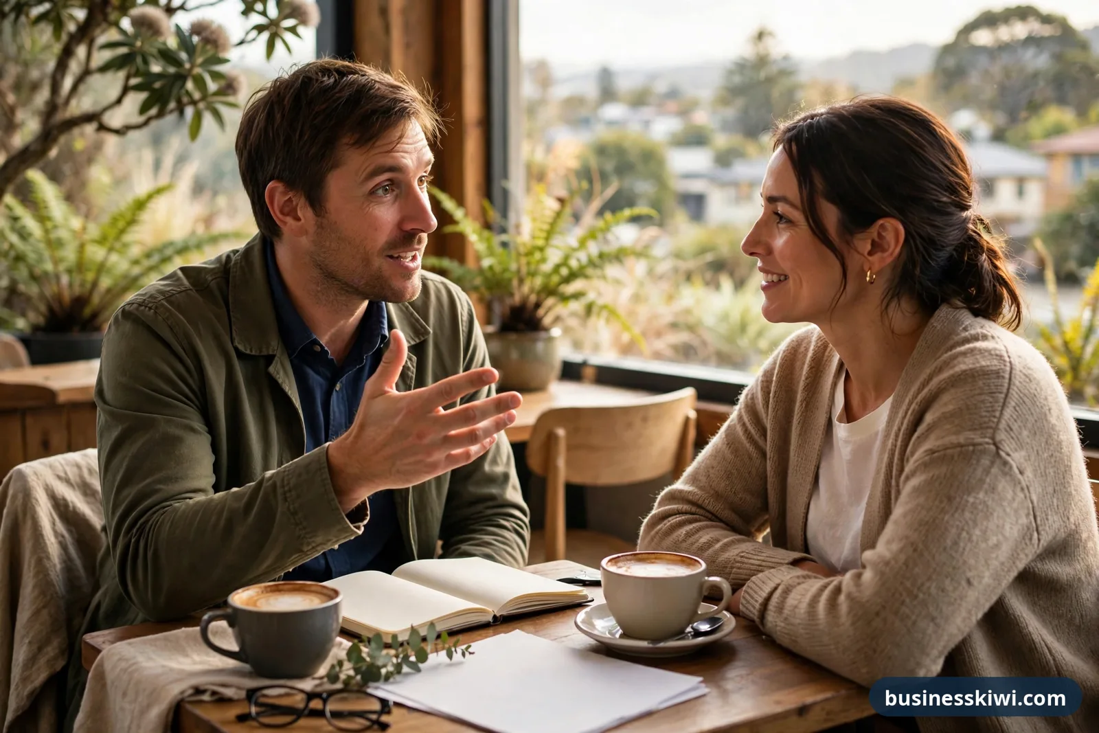A business owner discussing paperwork with an adviser over coffee in a New Zealand cafe
