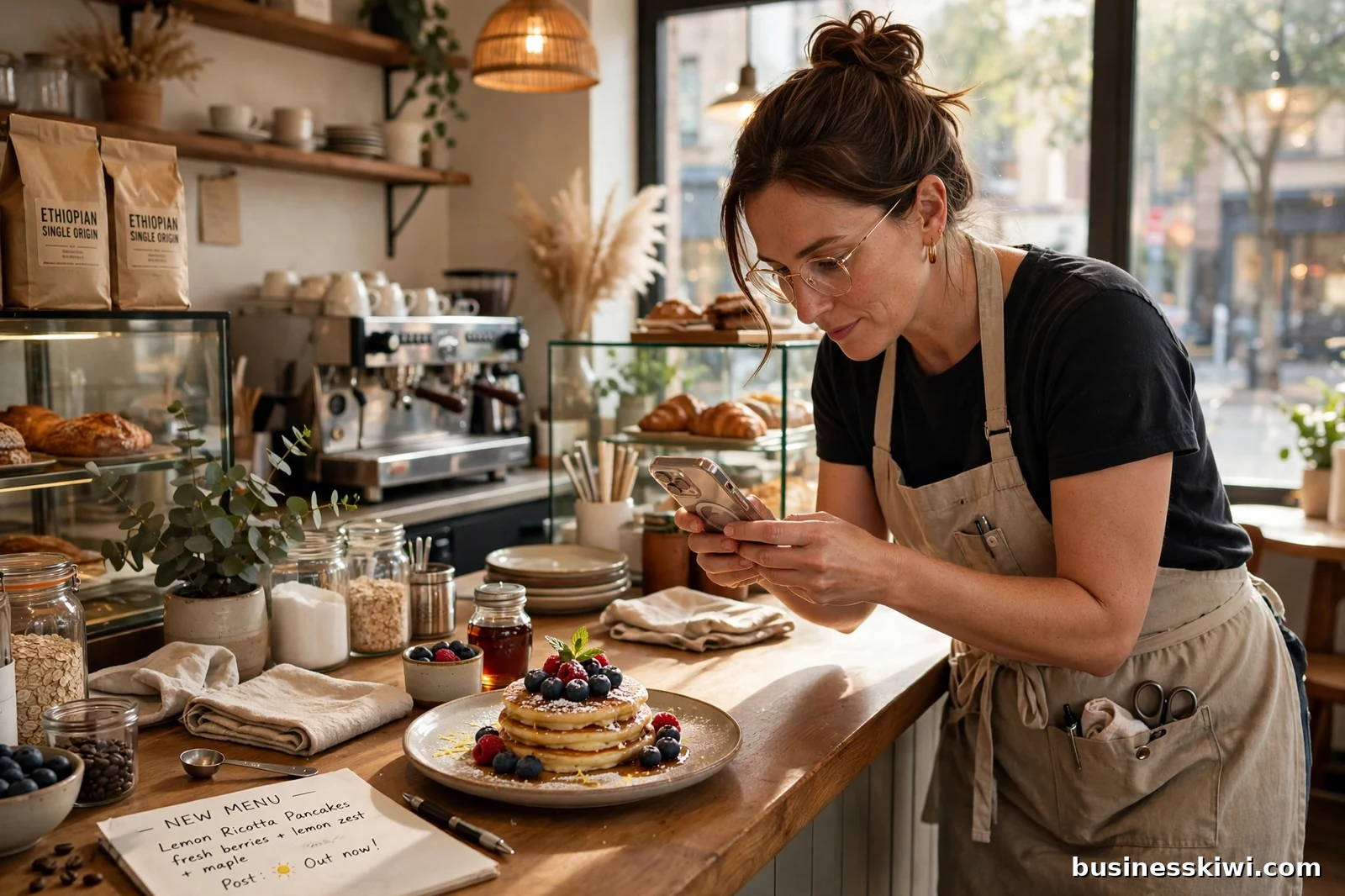 A cafe owner photographing a new menu item with her phone to post on social media, businesskiwi.com