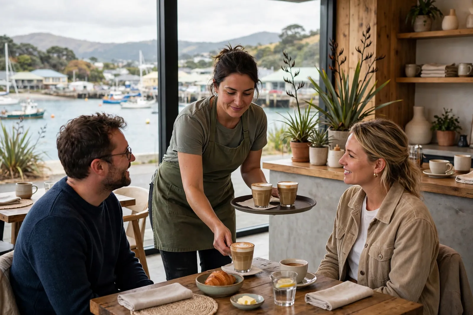 A cafe worker serving customers in Kaikoura