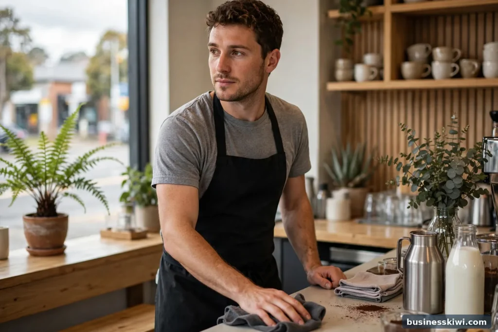 A casual cafe worker on a shift