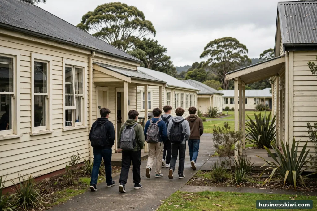 Students between classroom blocks at school
