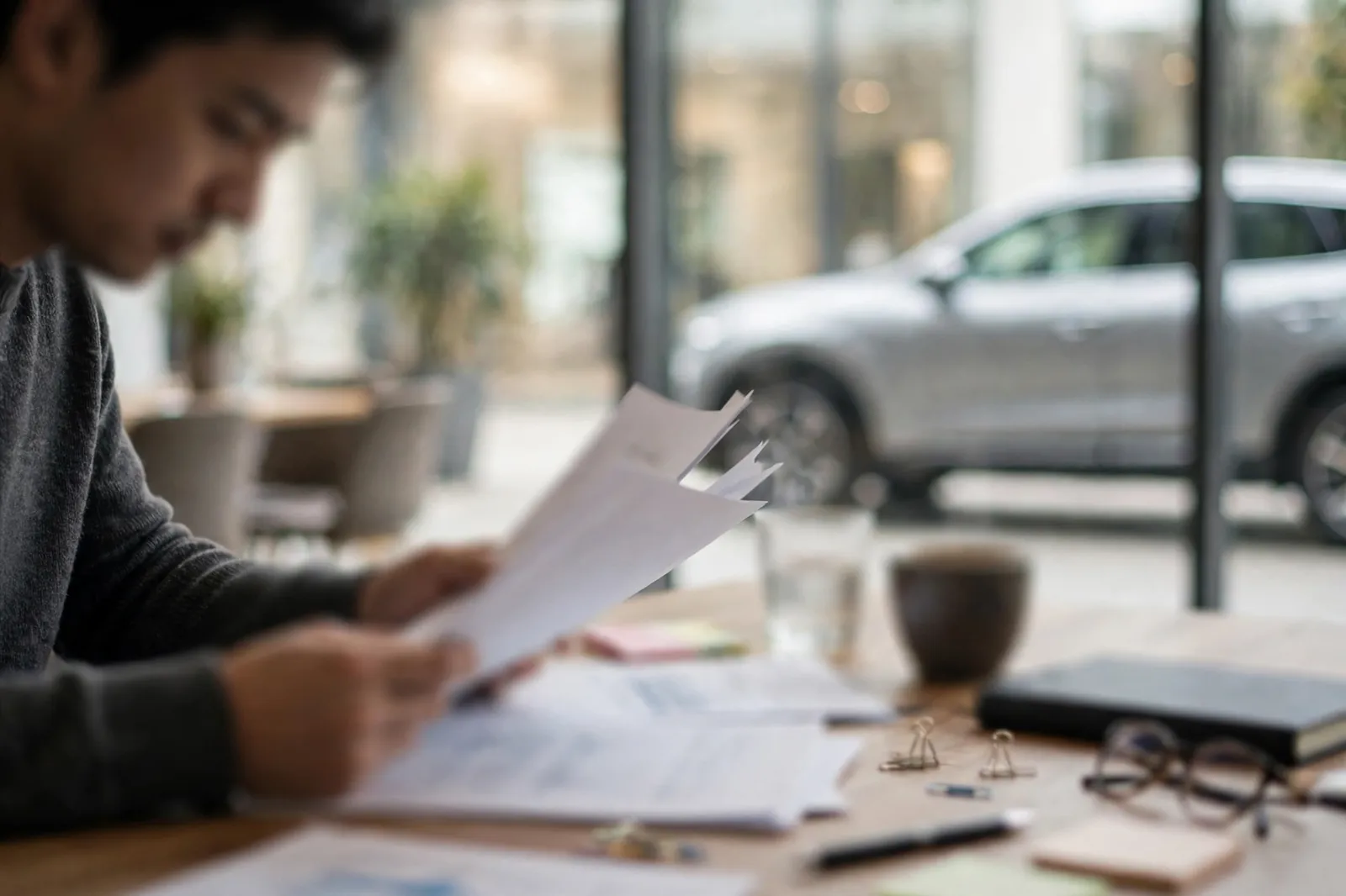 A buyer reviewing car finance documents before signing