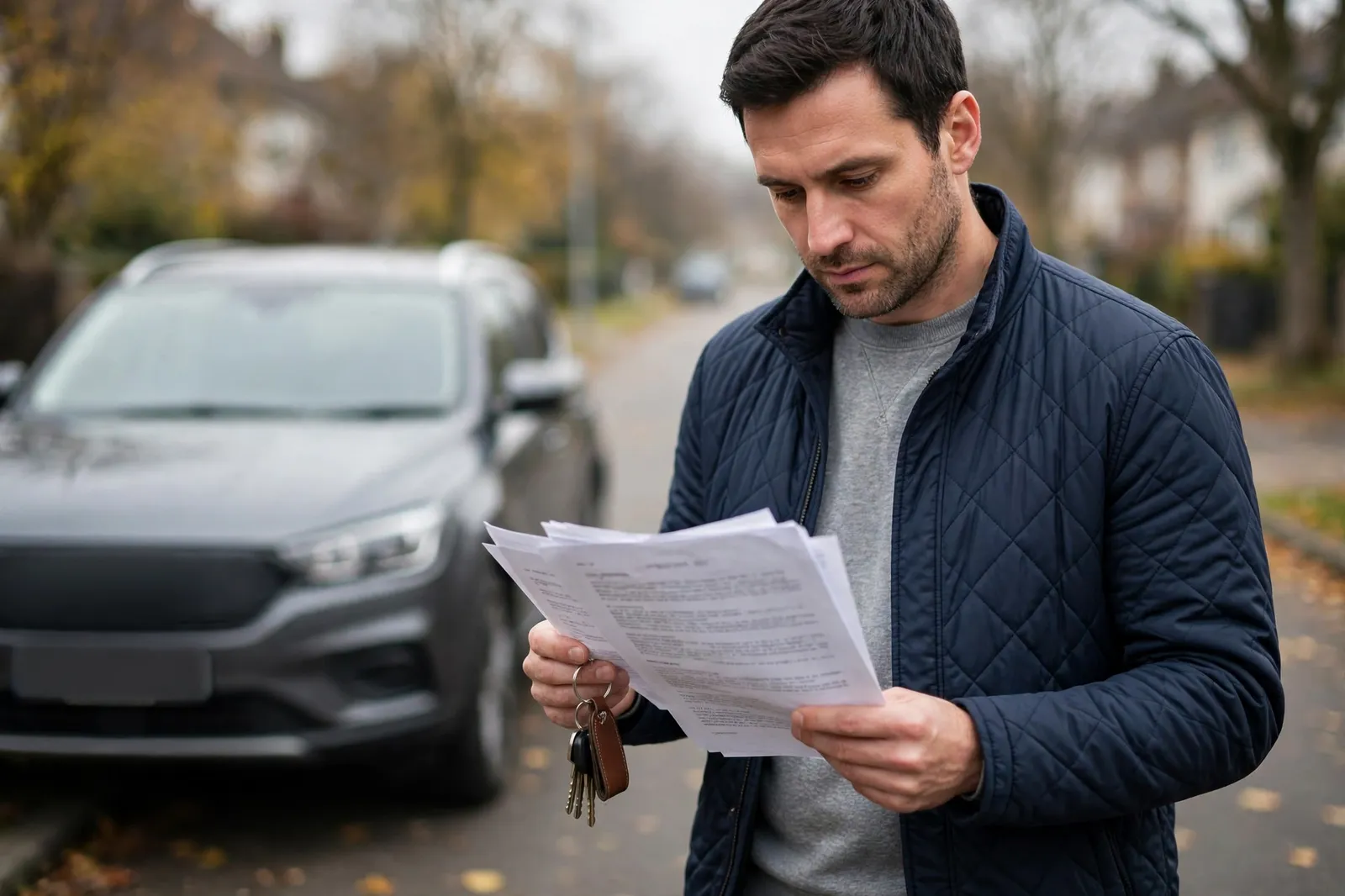 A man reviewing the finance paperwork before selling his car