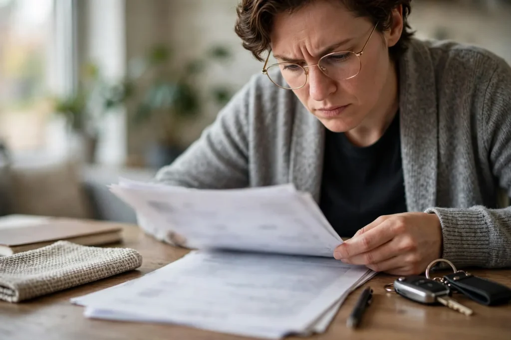 A woman carefully reading car finance terms before signing