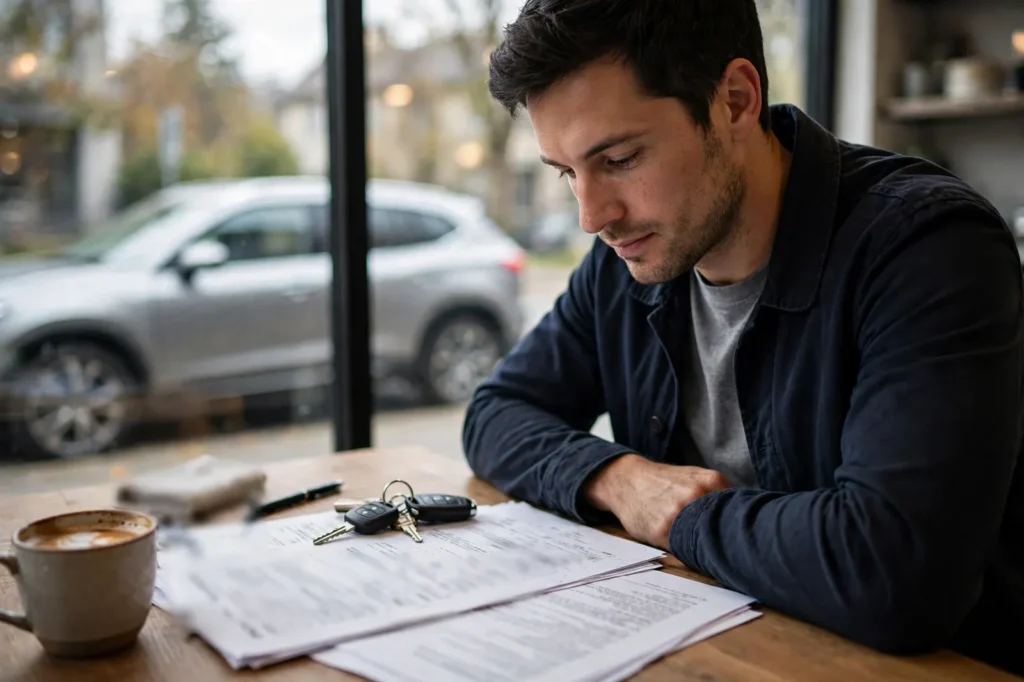 A car owner reviewing his insurance policy documents