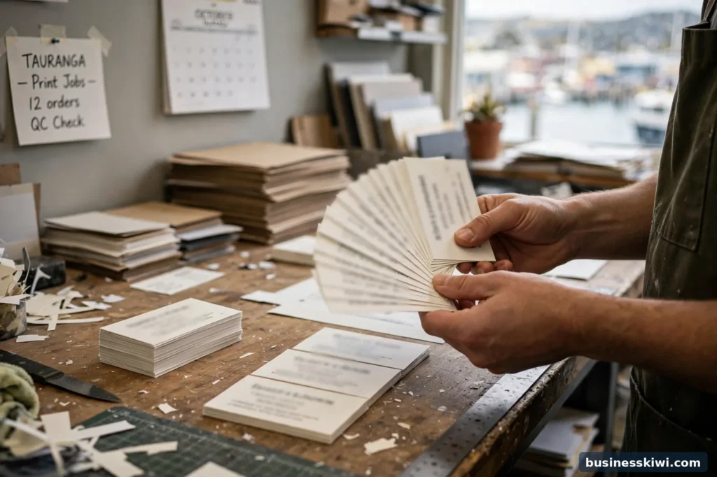 Freshly printed business cards being checked at a print shop