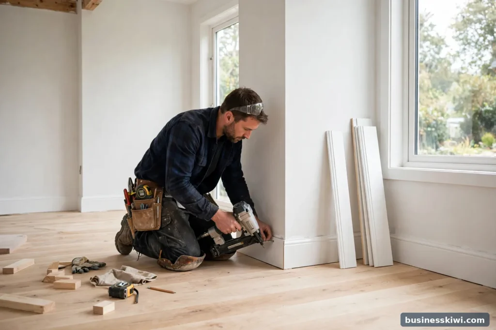A carpenter fitting skirting boards in a renovated room