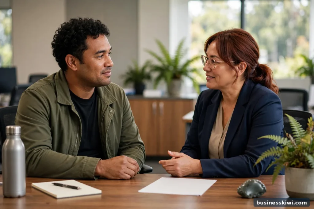 A man talking through his options with a case manager at a service office
