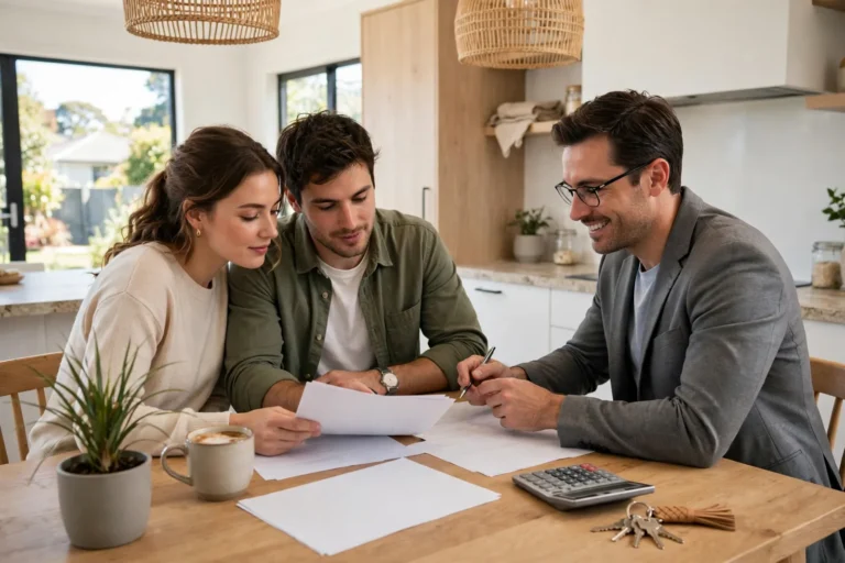 Couple reviewing home loan documents with a mortgage adviser at their kitchen table in New Zealand