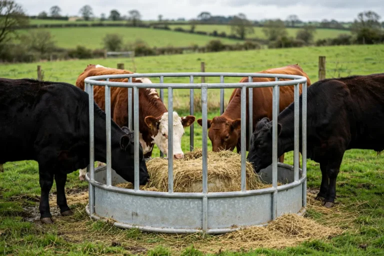 Cattle feeding from a round bale ring feeder