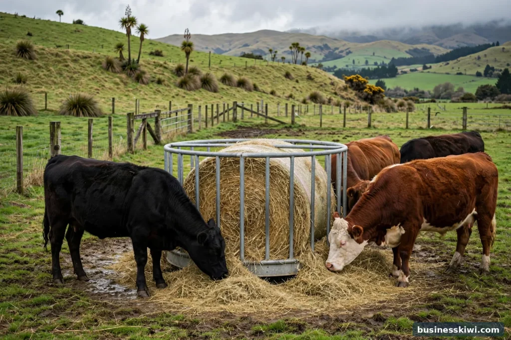 Cattle feeding from a round bale ring feeder