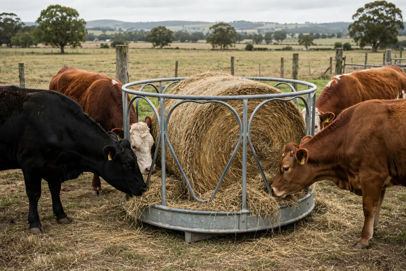 Cattle feeding from a round bale feeder in a paddock