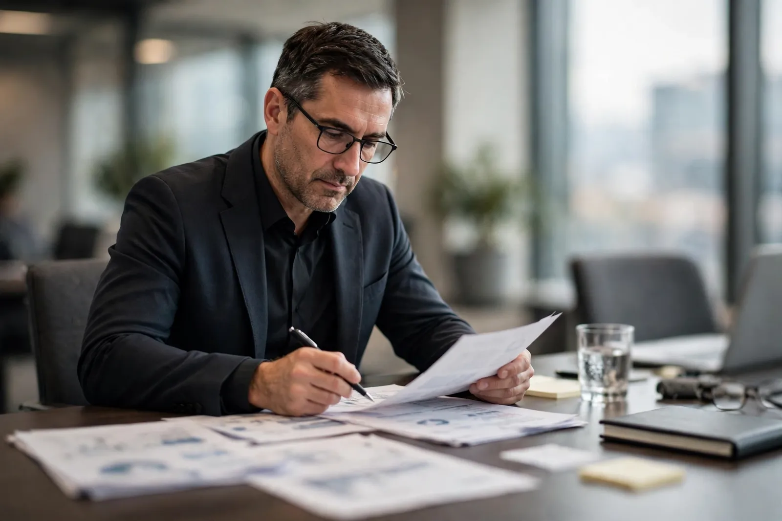 A chief financial officer reviewing reports in a boardroom