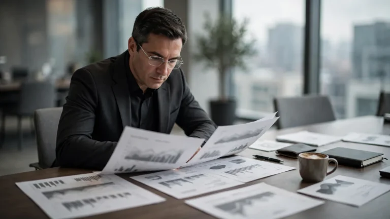 Chief financial officer reviewing financial reports at a boardroom table