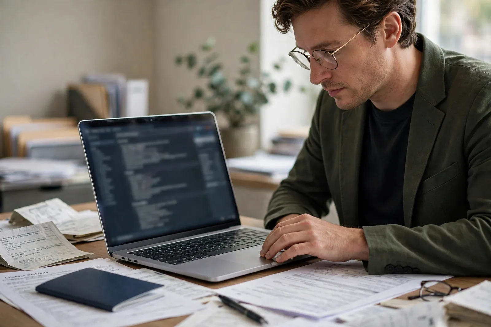 A man checking an immigration adviser's licence details on a laptop