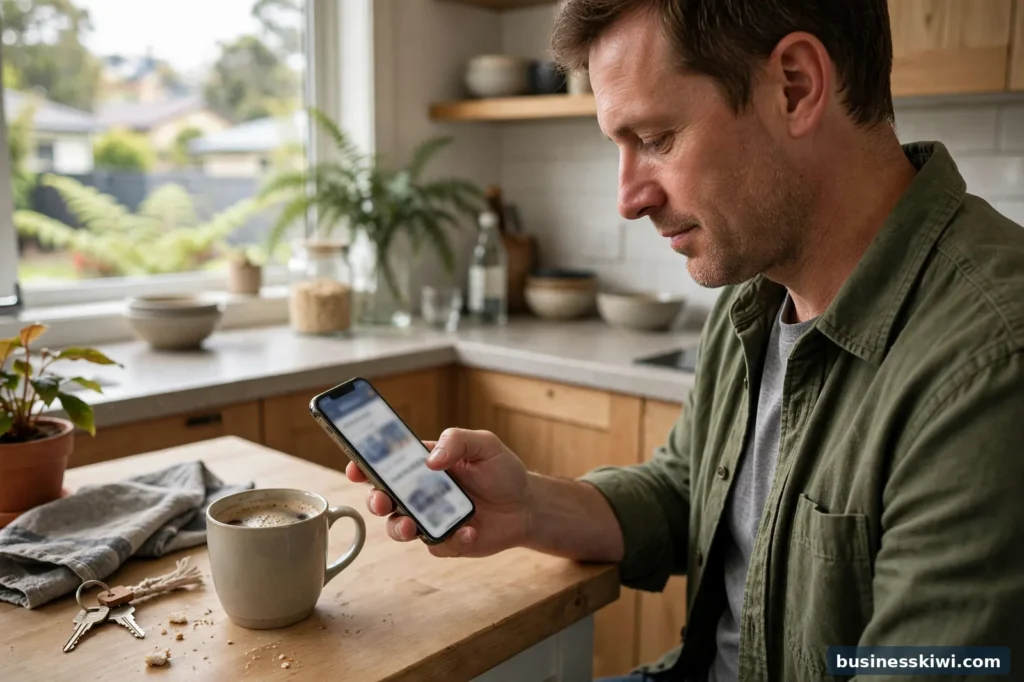 A man checking his KiwiSaver balance on his phone at home