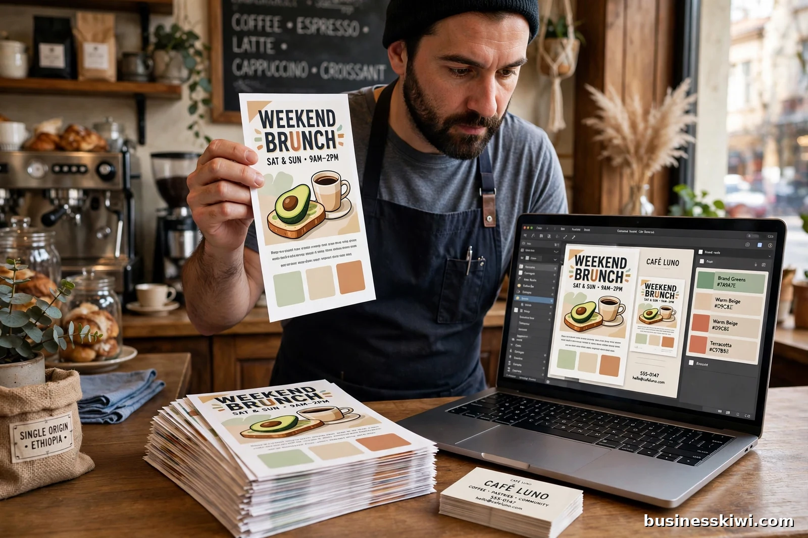 A cafe owner comparing a freshly printed flyer against the design on his laptop to check the colours, businesskiwi.com