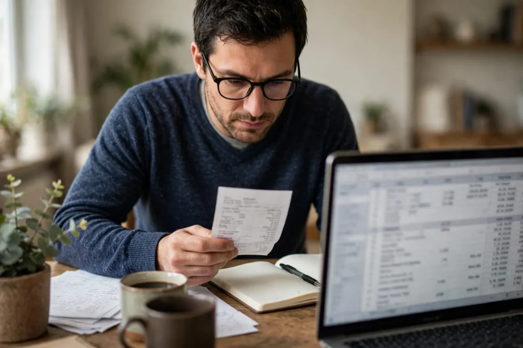 An employee checking his payslip against the income tax figures