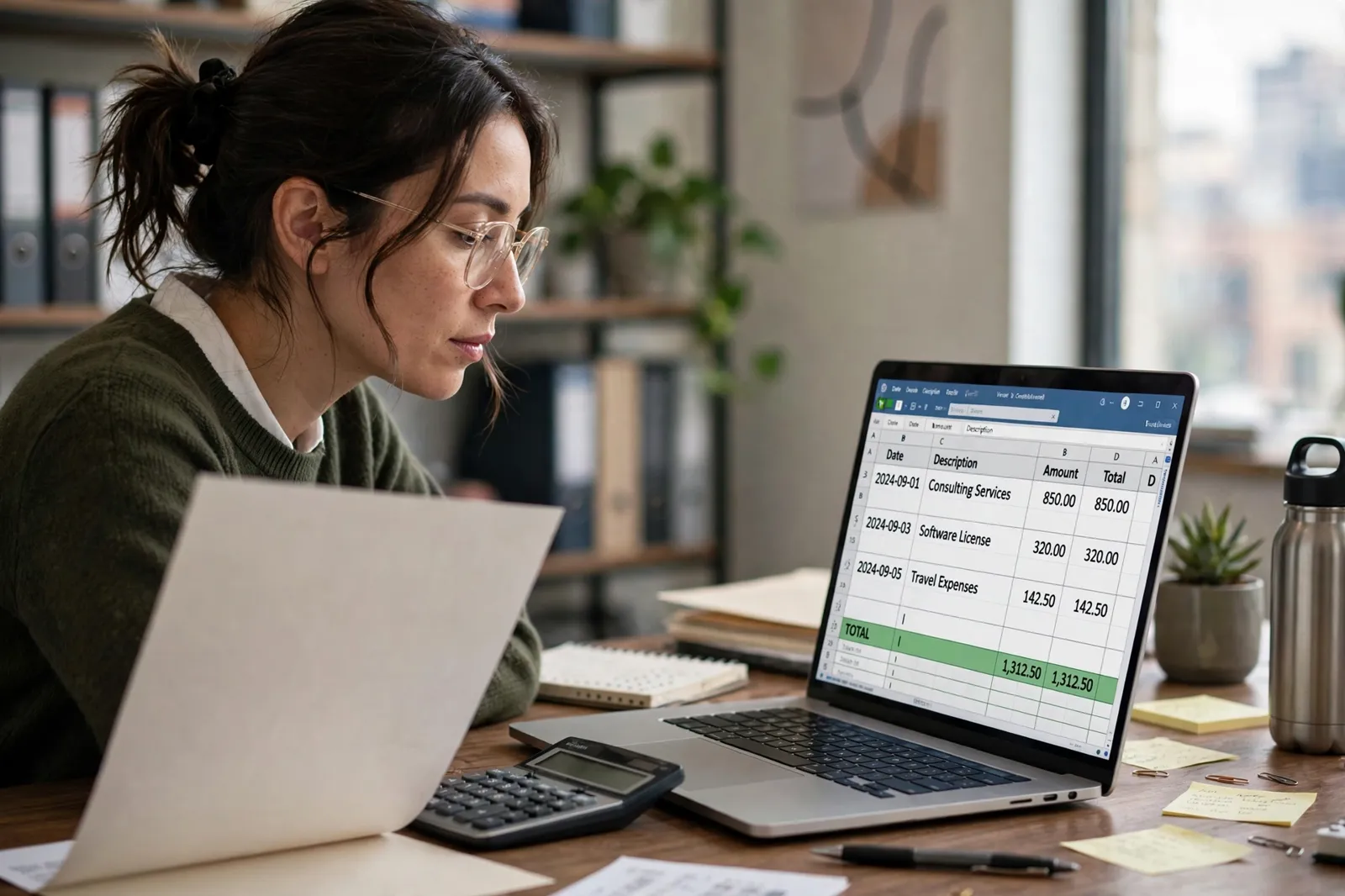 A business owner checking a supplier invoice with a calculator