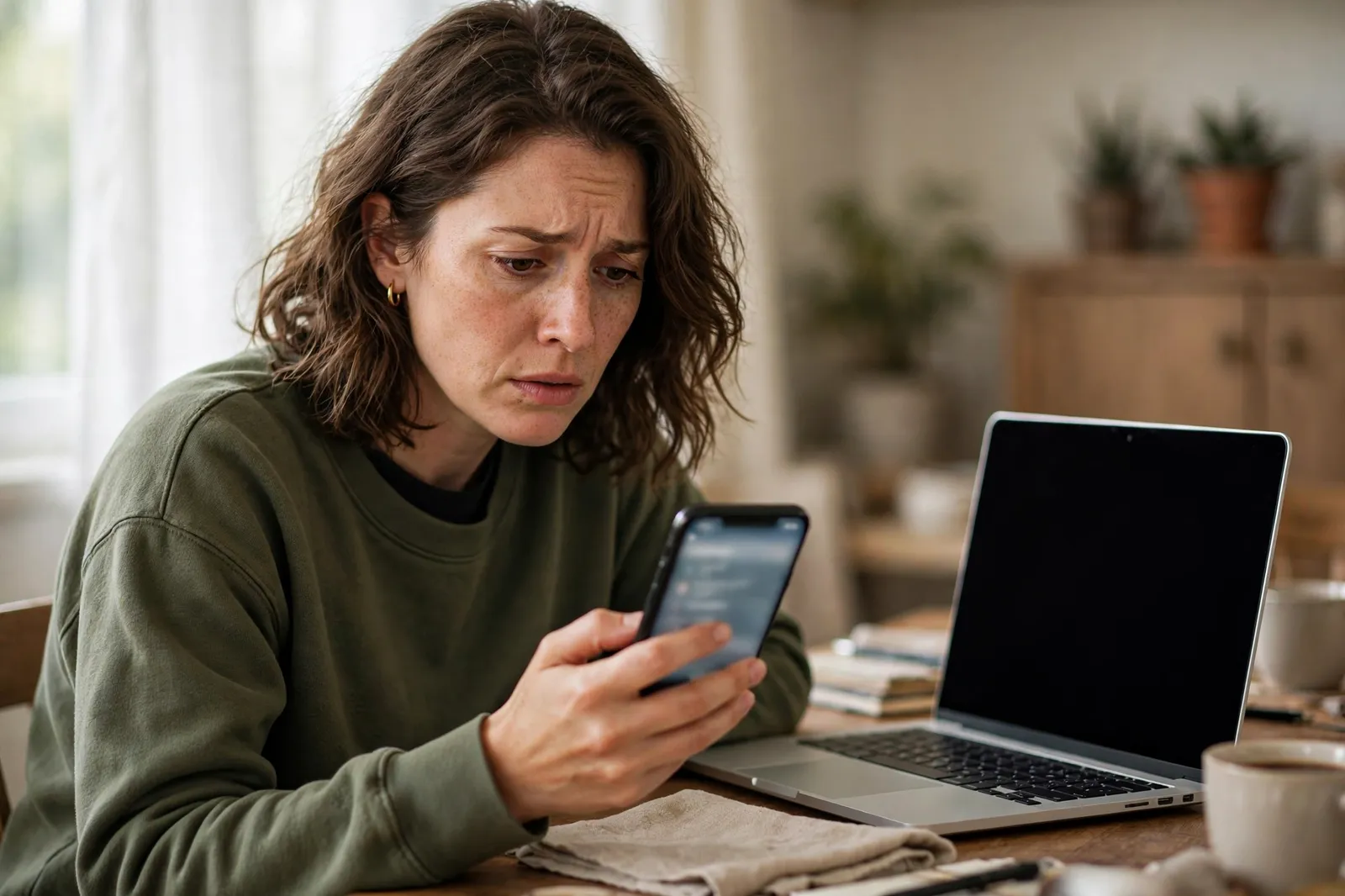 A person looking cautiously at a suspicious message on their phone