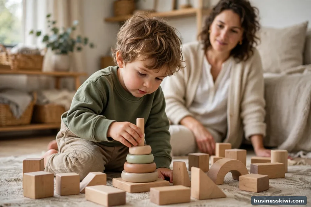 A child playing with wooden Montessori stacking toys at home