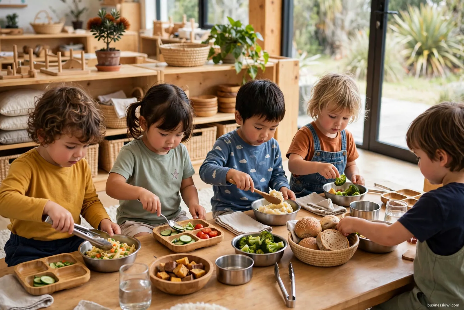 Children at mealtime with food cooked on site