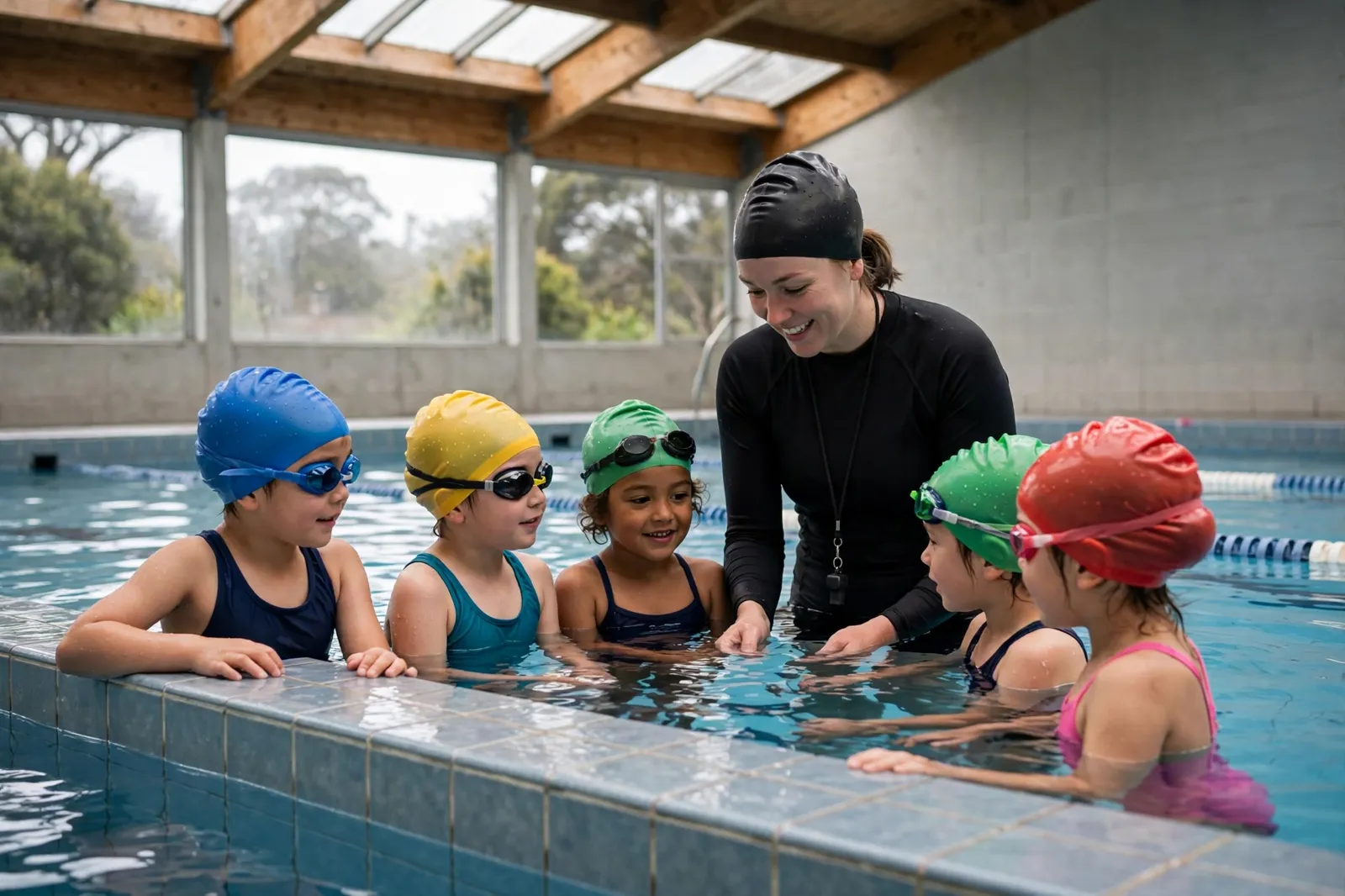 Children in a swimming lesson in a school pool