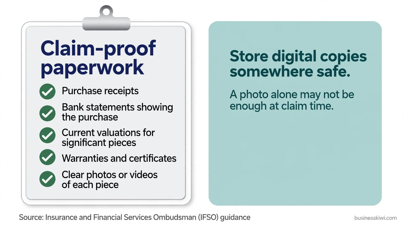 Claim-proof paperwork checklist: receipts, bank statements, valuations, warranties, photos