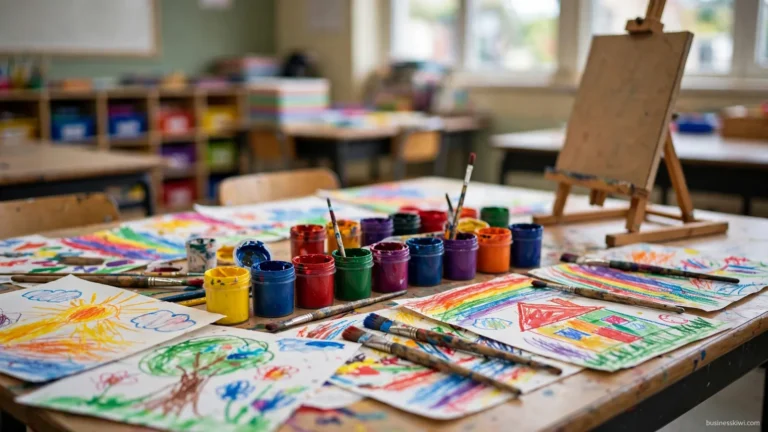 A classroom art table with paintings and paint pots