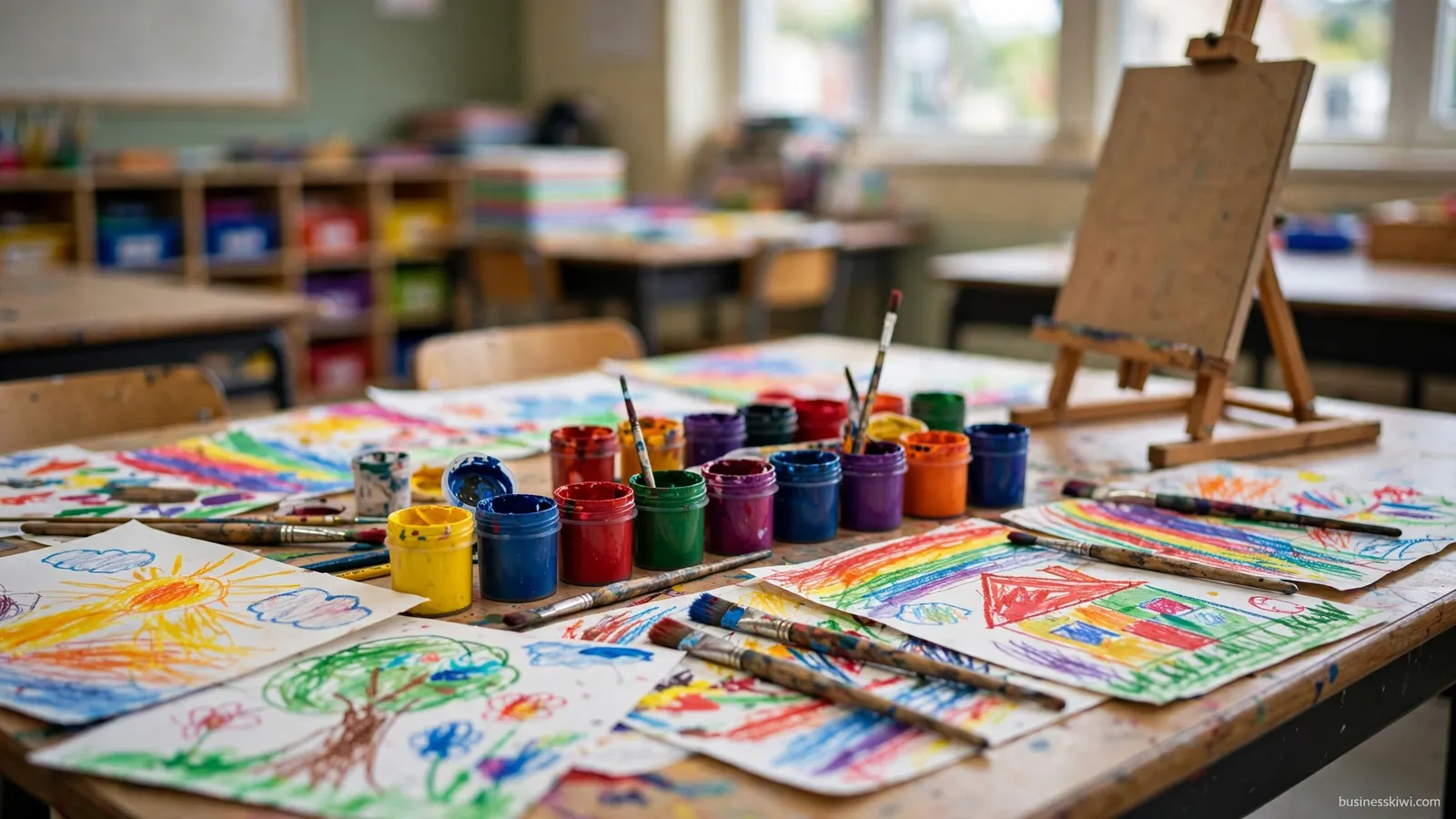 A classroom art table with paintings and paint pots