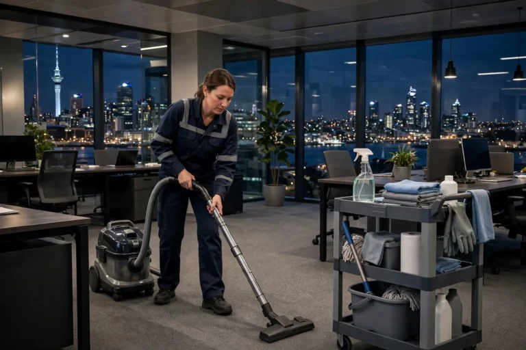 A cleaner vacuuming an Auckland office in the evening with the city skyline through the windows
