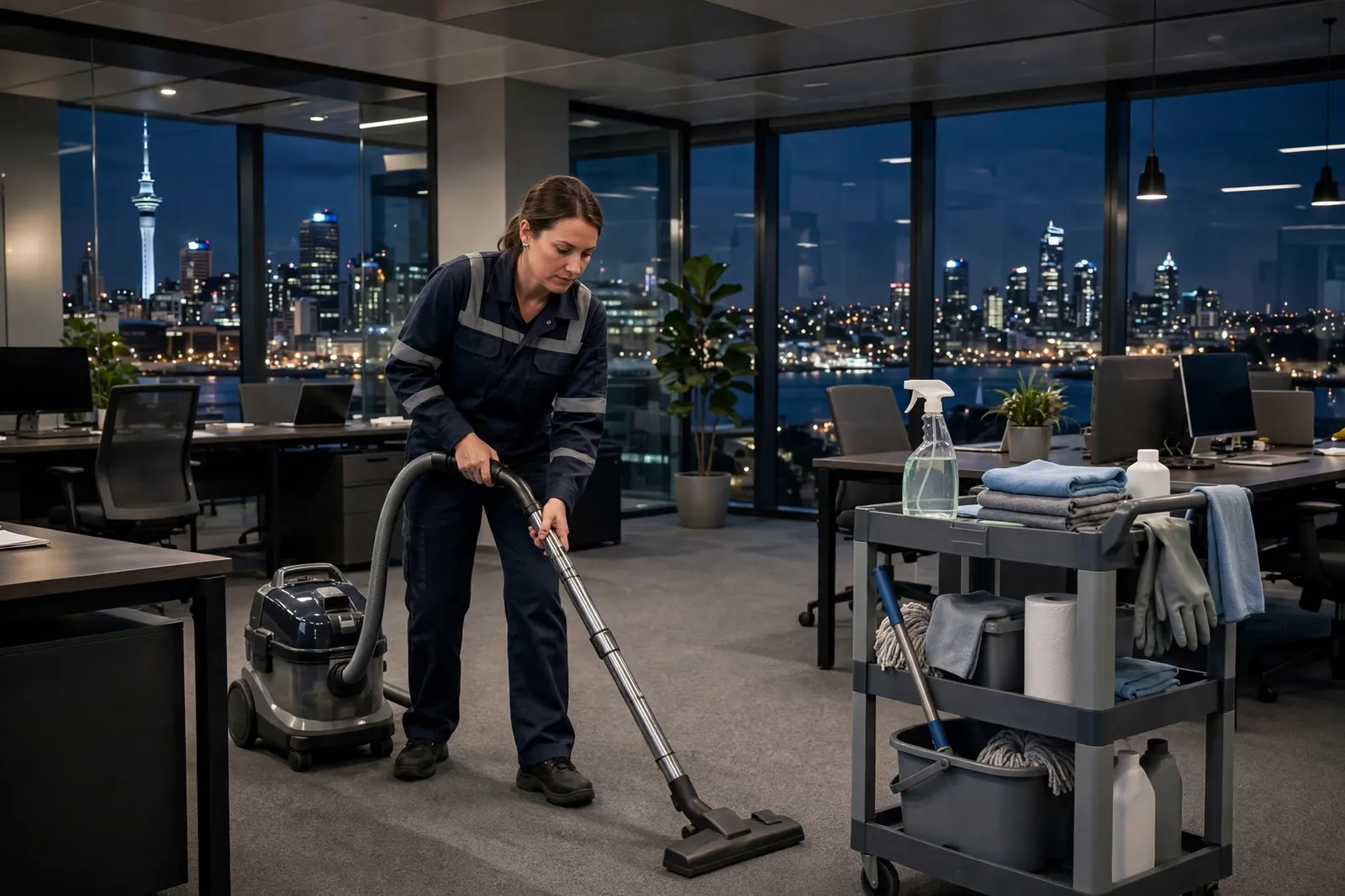 A cleaner vacuuming an Auckland office in the evening with the city skyline through the windows
