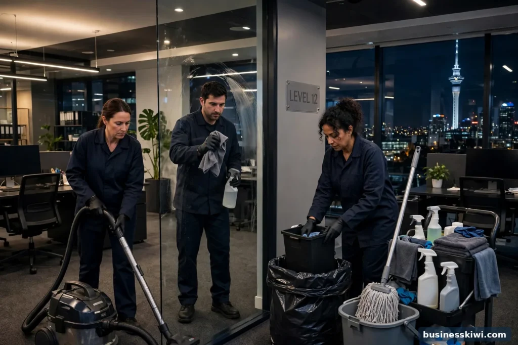 A commercial cleaning team cleaning an office